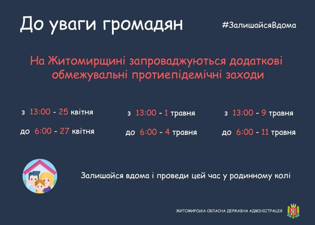 УВАГА! На Житомирщині з 1 по 4 травня вводяться додаткові обмеження для населення